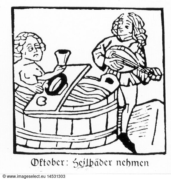 season  'October'  man taking therapeutic bath  woodcut  print: Johann BÃ¤mler  Augsburg  circa 1483