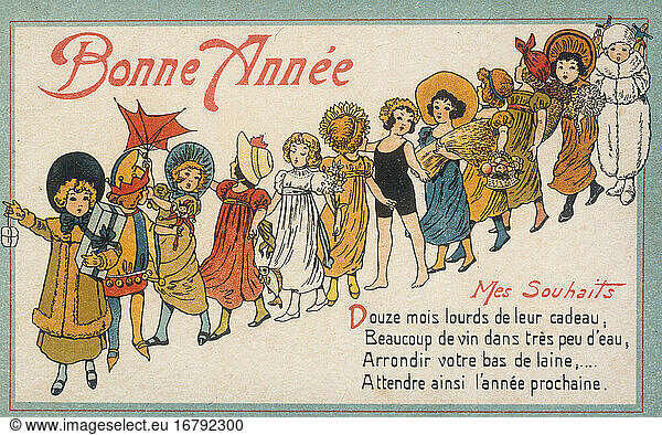 Seasonal Festivals:
New Year’s Eve and New Year’s Day. “Bonne Année (Happy New Year). French picture postcard (colour print)
no date. Paris Private Collection.