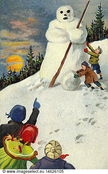 seasons  winter  children dancing around a big snowman  Germany  1906