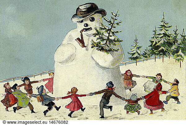 seasons  winter  children dancing around a big snowman  Germany  1907