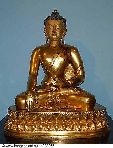 Seated Buddha 1740-86  China  Gilded copper. The Buddha is shown just before his enlightenment when he lowers his right hand to the ground to call the earth goddess to witness his worthiness to attain liberation.