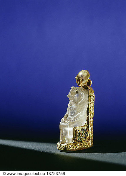 Seated quartz amulet of the lion headed goddess Bastet on a gold throne  from the tomb of Wen djeba en djed  senior official of Psusennes I  Egypt. Ancient Egyptian. 21st Dynasty  1039 991 BC. Tanis.
