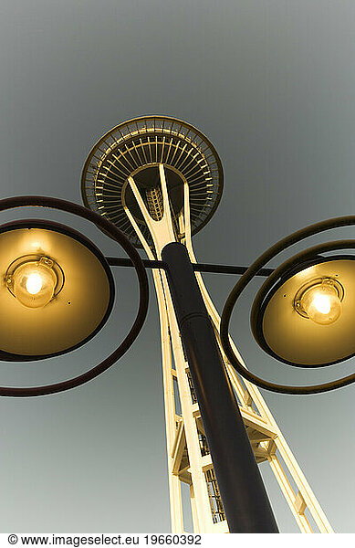 Seattle Space Needle and street lights.
