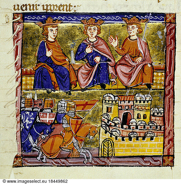 Second Crusade 1147–1149 / Council of Acre (meeting of the German King Konrad III  the French King Louis VII and King Baldwin III of Jerusalem)  June 24  1148  and siege of Damascus  July 23–28  1148.– The Council of Acre and the Siege of Damascus. –Illumination  French  around 1280.From: William of Tire (Guillaume de Tire)  Estoire d’Outremer (Historia rerum in partibus transmarinis gestarum).Ms. 828  fol. 189 r Lyon  Bibliothèque Municipale.