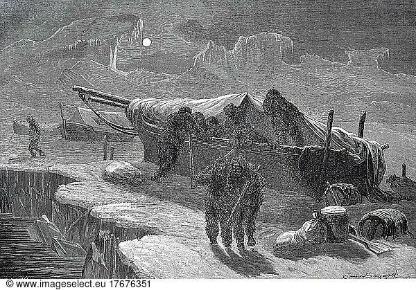 Second German North Polar Expedition  bivouac in the Arctic  polar expedition  explorers built a tent out of a boat  digitally restored reproduction of a 19th century original  exact date unknown