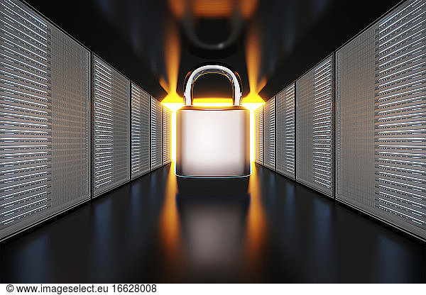 Security padlock between server tower