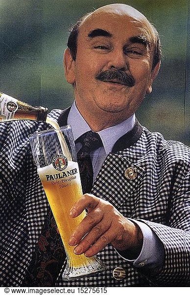 Sedlmayr  Walter  6.1.1926 - 15.7.1990  German actor  half length  advertising for 'Paulaner' beer  Germany  1990