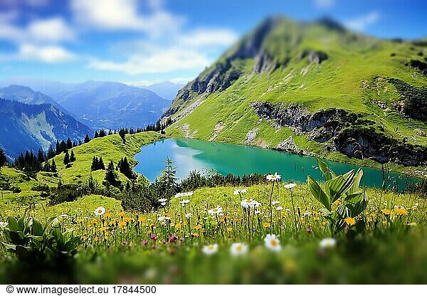 Seealpsee is a high mountain lake with a fantastic view of the Alps and a flower meadow in the foreground. Oytal  Allgäu Alps  Bavaria  Germany  Europe