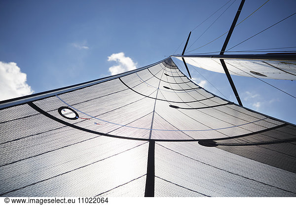 Segelboot segeln gegen den sonnigen Himmel
