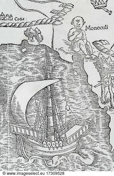 Segelschiff und einäugiger Riese (Monoculi)  Ausschnitt  früheste gedruckte Karte des gesamten afrikanischen Kontinents  Holzschnitt von Sebastian Münster aus der Cosmographia Universalis  Basel 1550  Schweiz  Europa