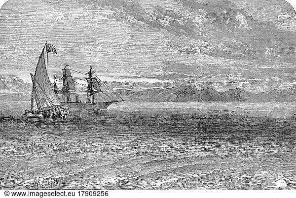 Segelschiffe vor der Küste von Abessinien  1869  heute Äthiopien und Eritrea  Historisch  digital restaurierte Reproduktion einer Originalvorlage aus dem 19. Jahrhundert  genaues Originaldatum nicht bekannt