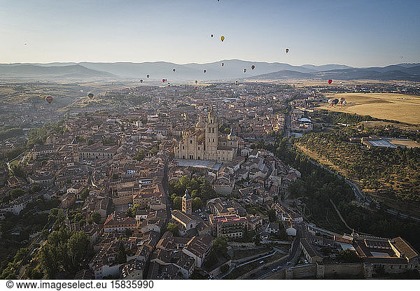 Segovia in balloon festival from aerial view