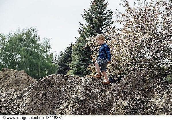Seitenansicht eines Jungen  der auf einem Hügel gegen eine Baumkrone läuft