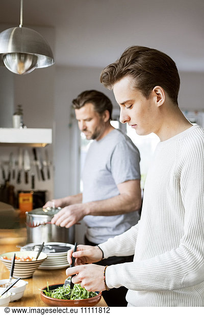 Seitenansicht von Vater und Sohn beim Kochen in der Küche