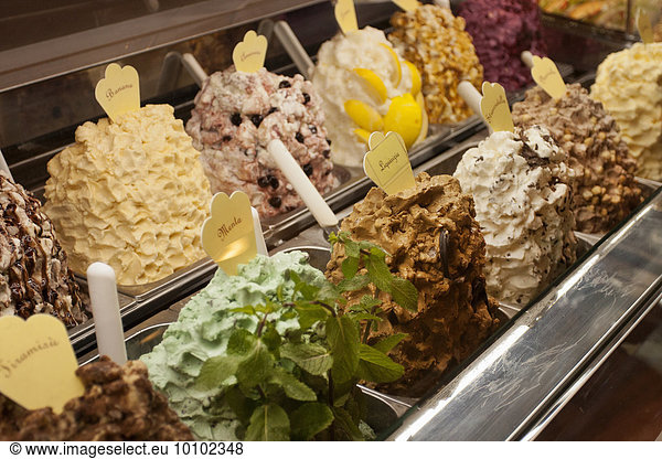 Selection of ice cream at a Tuscan ice cream parlour.