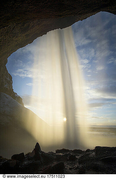 Seljalandsfoss Waterfall against the sun  Iceland