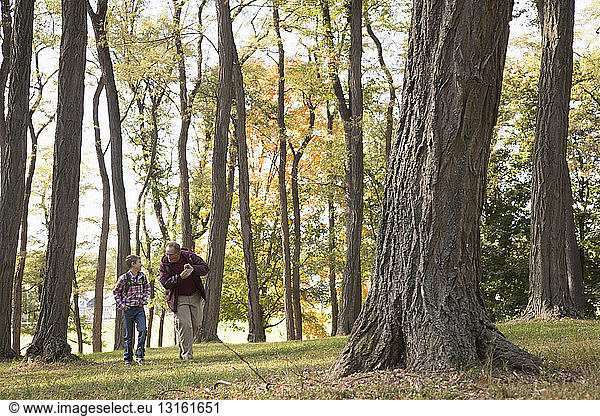 Senior and grandson walking in woods