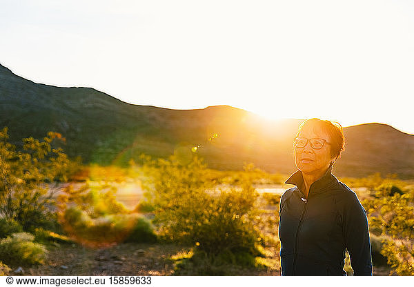 Senior Asian Woman Portrait at Sunset in Nevada