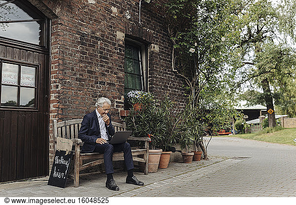 Senior businessman sitting at a farmhouse using laptop