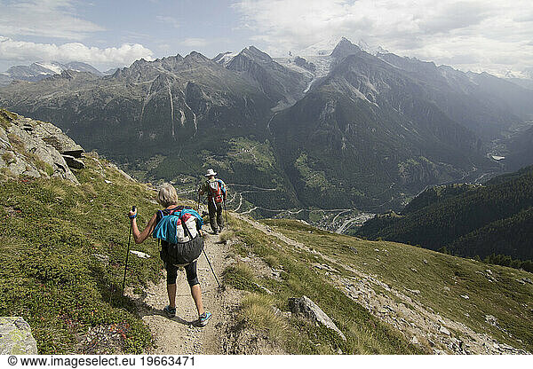 Senior couple hiking  Haute Route  Valais Canton  Switzerland