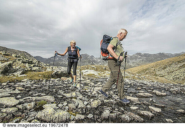 Senior couple hiking  Haute Route  Valais Canton  Switzerland