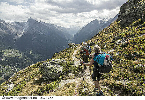 Senior couple hiking  Haute Route  Valais Canton  Switzerland