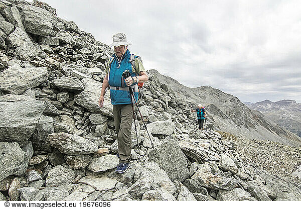 Senior couple hiking  Haute Route  Valais Canton  Switzerland