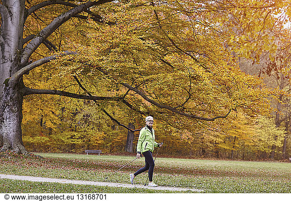 Senior female nordic walker walking in autumn park