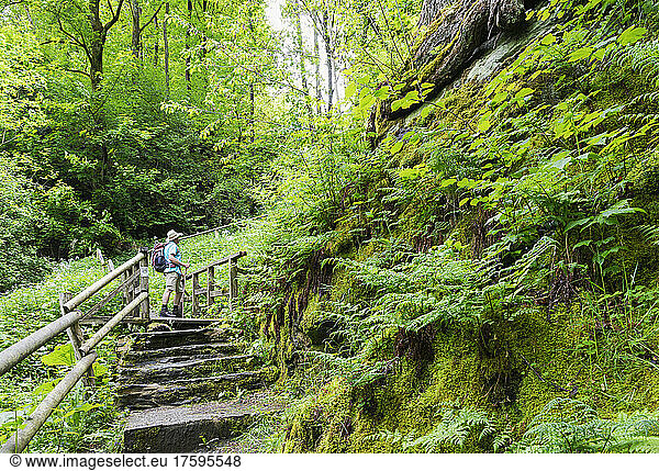 Senior hiker standing on steps in forest