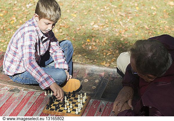 Senior man and grandson playing chess in back of pickup truck