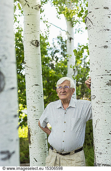 Senior man looking up at aspen trees