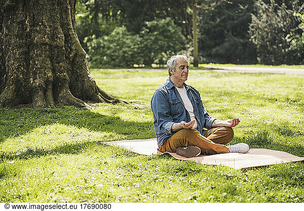 Senior man sitting cross-legged meditating on exercise mat at park