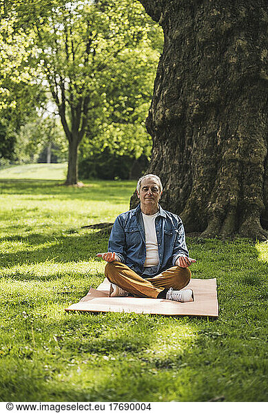 Senior man with eyes closed meditating on exercise mat at park