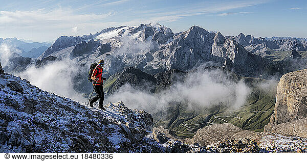 Senior woman hiking at Piz Boe  Dolomites  Italy