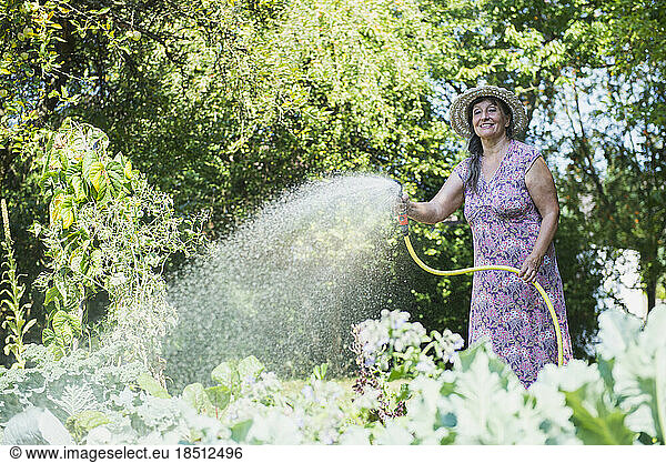 Senior woman watering plants in the garden  Altötting  Bavaria  Germany