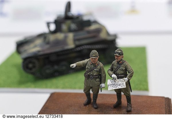 September 29  2018  Tokyo  Japan - Plastic models of WWII Japanese military on display during the 58th All Japan Model and Hobby Show in Tokyo Big Sight. The annual exhibition introduces hobby goods such as plastic models  action figures  drones and airsoft guns from September 28 to 30.