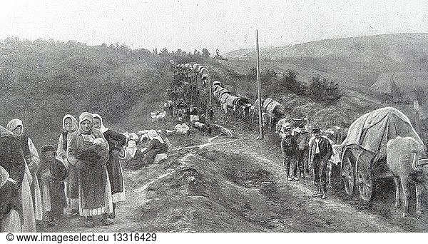 Serbs flee as refugees before the advance of Austrian forces into Serbia in World war One