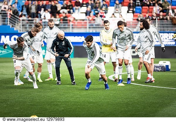 Sergio Ramos (L) and Marco Asensio (R) Real Madrid players in the preheating before the La Liga match between Eibar and Real Madrid CF at Ipurua Stadium on November 24  2018 in Eibar  Spain