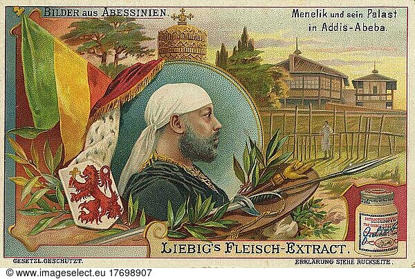 Serie Bilder aus Abessinien  Äthiopien  Menelik und sein Palast in Addis-Abeba  Historisch  digital restaurierte Reproduktion eines Sammelbildes von ca 1900  genaues Datum unbekannt  Afrika