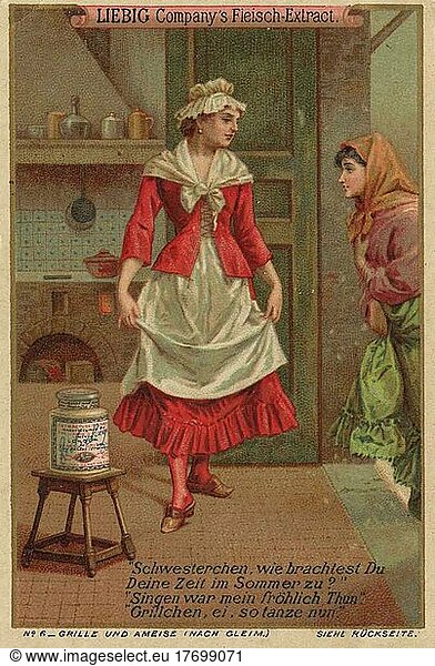Series Cricket and ant as a symbol for the industrious and the lazy. Sister  how did you spend your time in summer? Singing was my happy activity. Grillchen ei  so tanze nun  Historic  digitally restored reproduction of a Liebig collector's picture from around 1900