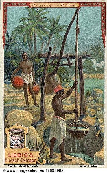 Series of different types of wells  draw wells in Africa  locals fetching water  digitally restored reproduction of a collector's picture from c. 1900