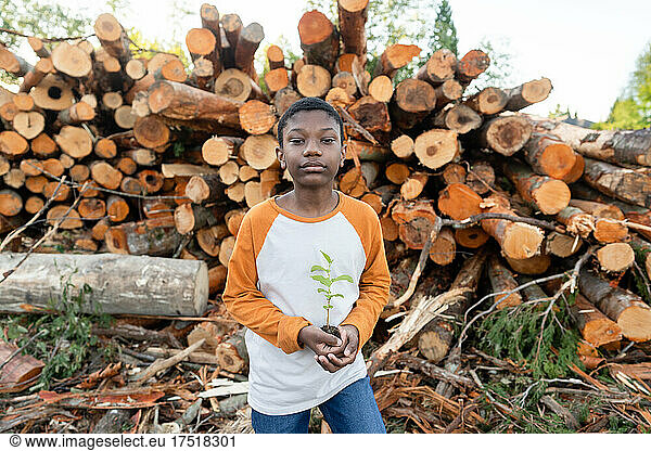Serious boy holding sapling on logging site looks into camera