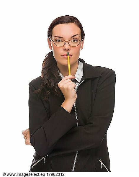 Serious mixed-race businesswoman holding A pencil before a white background