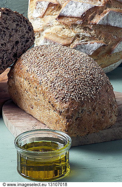 Several organic multi-grain bread loafs with olive oil; Montreal  Quebec  Canada