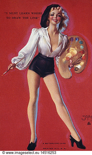 Sexy Woman Holding Artist Palette  I Must Learn Where to Draw the Line  Mutoscope Card  1940's