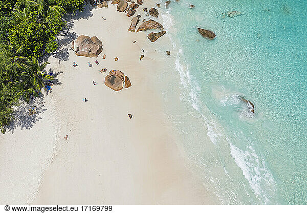 Seychelles  Praslin Island  Aerial view of Anse Lazio sandy beach with crystal clear turquoise ocean