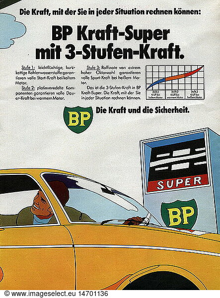 SF  C  SG hist.  Werbung  Verkehr  Werbeanzeige fÃ¼r BP Super Benzin  aus einer Zeitschrift  Deutschland  um 1970