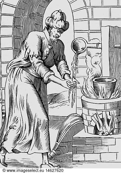 SG hist.  Alchemie  Alchemisten  Alchemist wÃ¤scht sich die HÃ¤nde mit flÃ¼ssigem Blei  Kupferstich zu 'Histoires merveilleuses' von Pierre Boaistuau  1560