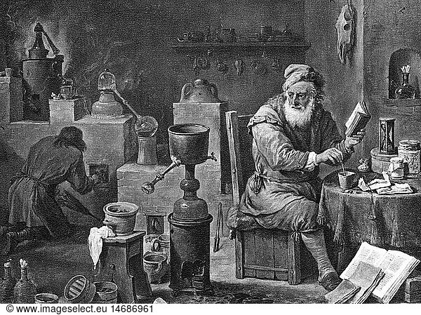 SG hist.  Alchemie  'Der Alchimist'  GemÃ¤lde von Teniers (1610 - 1690) SG hist., Alchemie, 'Der Alchimist', GemÃ¤lde von Teniers (1610 - 1690),