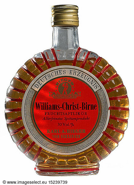 SG hist.  Alkohol  Flasche Williams-Christ-Birne  FruchtsaftlikÃ¶r  Hersteller: Karl A. Rieger  Gerlingen  um 1957